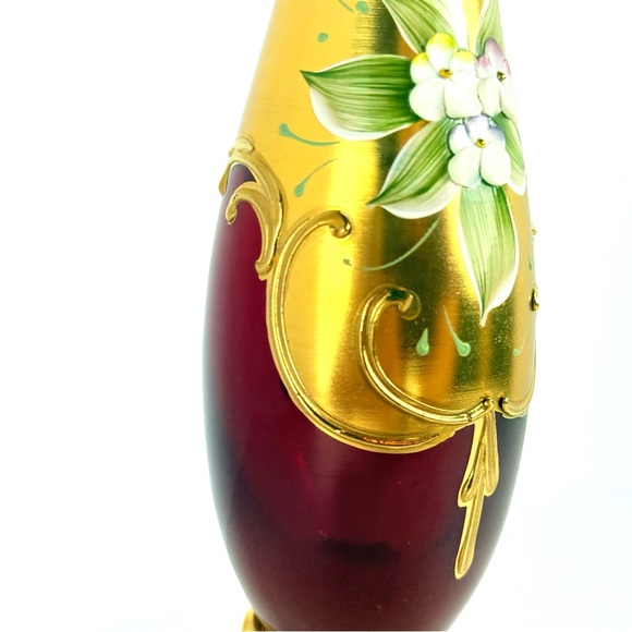 VTG Murano Venetian Ruby Glass & 24K Gold Paint 11” Hand Painted Floral Bud Vase - Picture 5 of 16